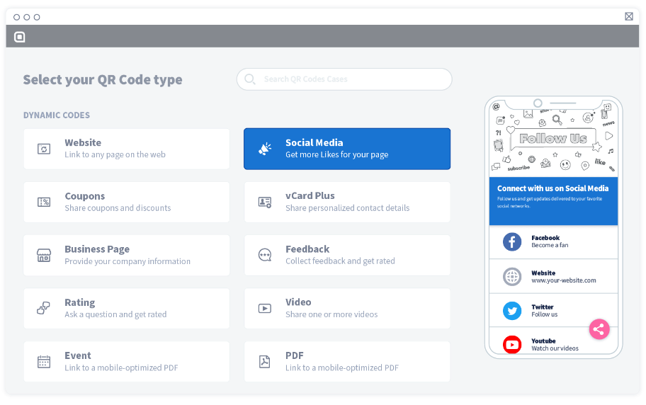 Wählen Sie „Social Media“ aus der Liste der QR-Code-Lösungen und dann „Weiter“.