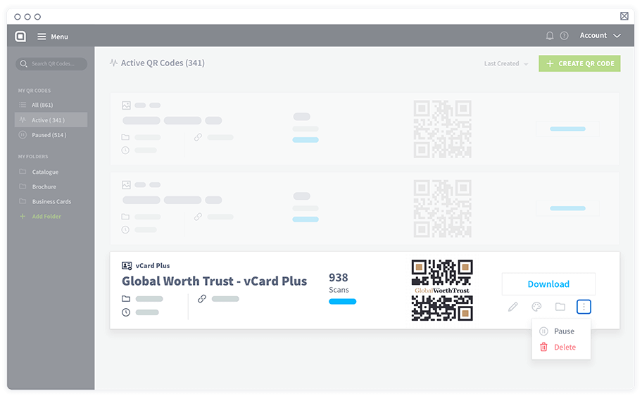 Option zum Pausieren oder Löschen eines QR Codes.