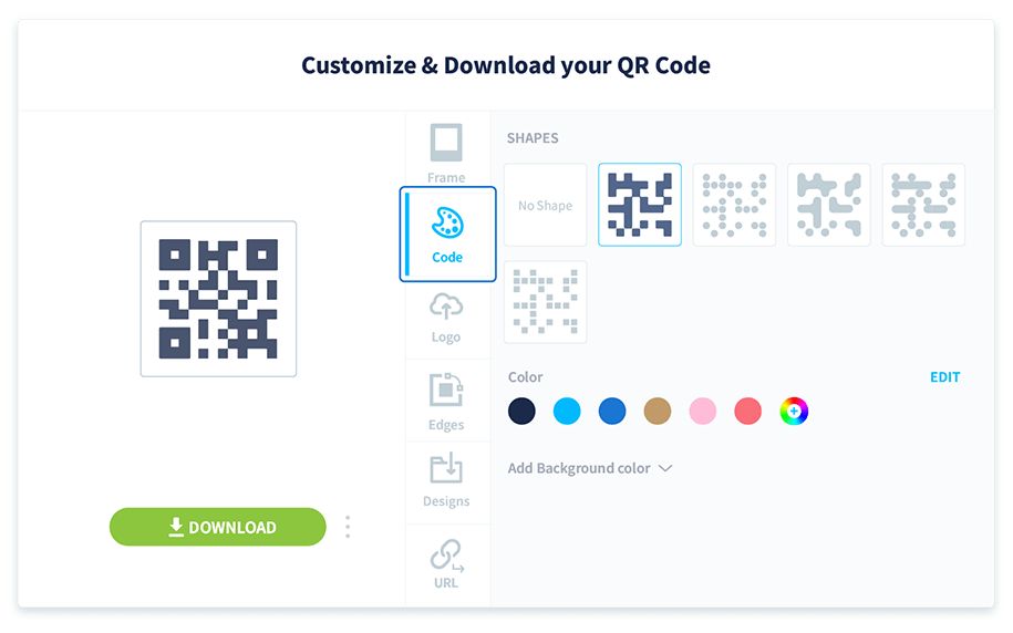 Wählen Sie „Code“ im Menü, um die Form und Farbe anzupassen