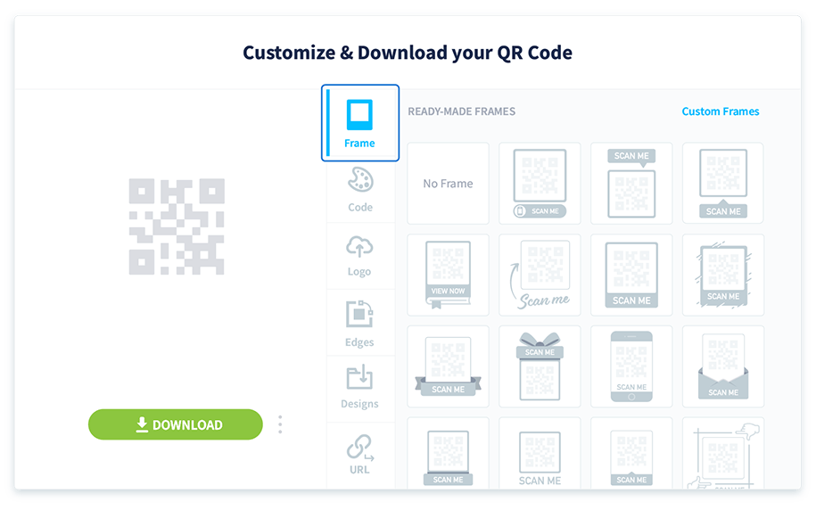 Wählen Sie „Frame“ im Menü, um einen Frame zu Ihrem QR Code hinzuzufügen