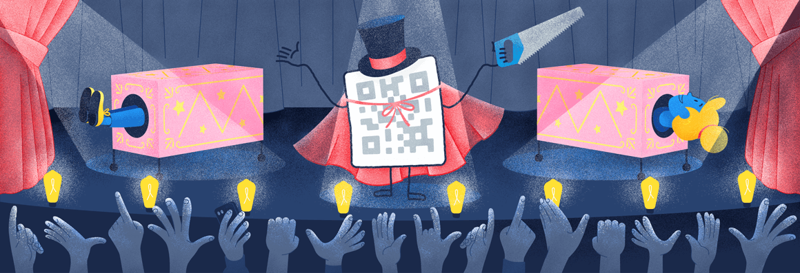 Ein QR-Code-Zauberer mit rotem Umhang und schwarzem Zylinder hält eine Säge in der Hand, nachdem er einen Zaubertrick auf einer Bühne vollendet hat