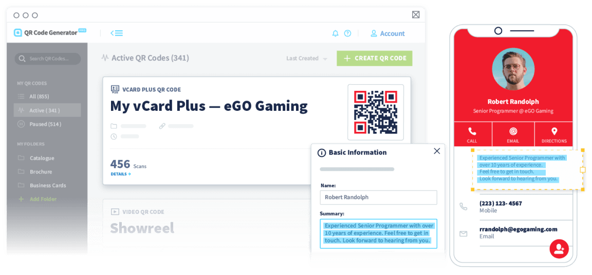 QR Code Generator Dashboard neben einem Smartphone, auf dem Text in Blau hervorgehoben ist.