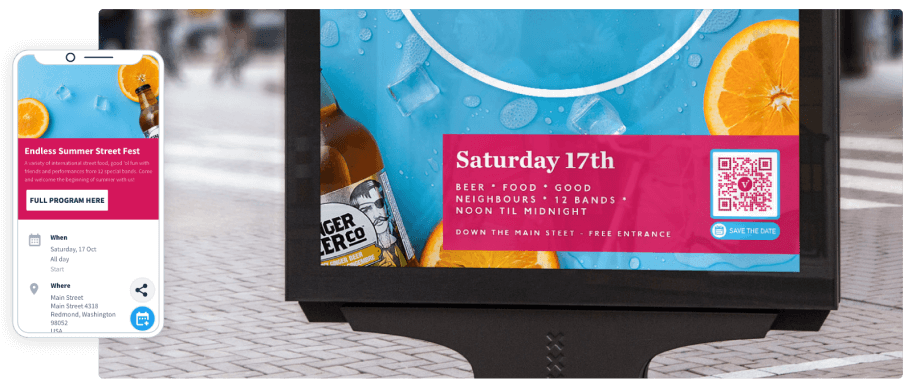Plakat mit QR Code neben einem Smartphone, das Event-Informationen anzeigt.