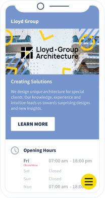 QR-Code-Landingpage eines Unternehmens mit Informationen wie Geschäftszeiten, Webseiten-URL, Social-Media-Profile und Kontaktdaten.