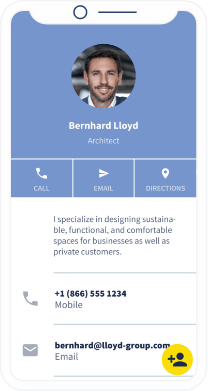 QR-Code-Landingpage mit den Kontaktdaten eines Architekten und einem Button zum direkten Speichern aller Informationen in einem Smartphone.