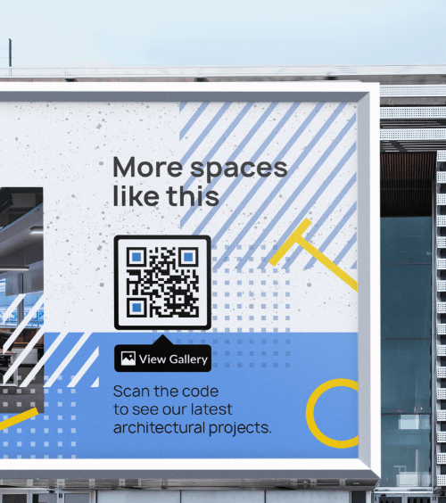 Plakatwand zum Bewerben von Unternehmensprojekten mit einem QR Code, der eine Bildergalerie des Projektportfolios verlinkt.