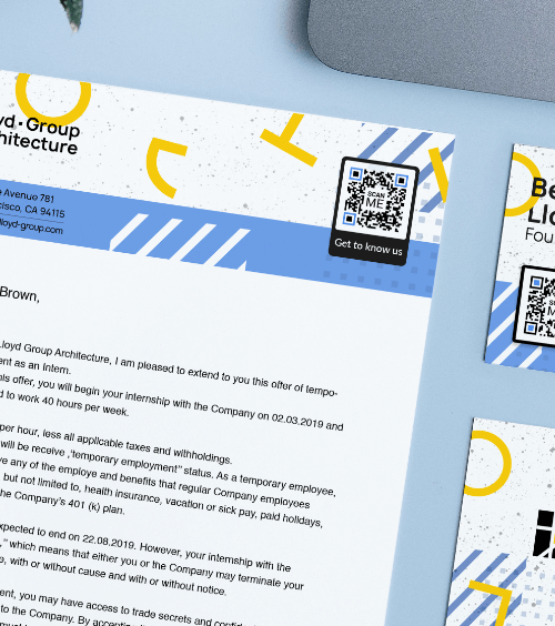 Offizieller Firmenbrief mit einem QR Code auf dem Briefkopf, der Informationen über das Unternehmen verlinkt.