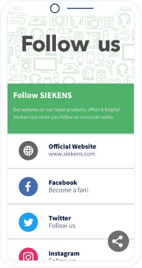 QR-Code-Landingpage einer Elektroartikel-Marke mit einer Liste von Social-Media-Kanälen und einer Webseiten-URL.
