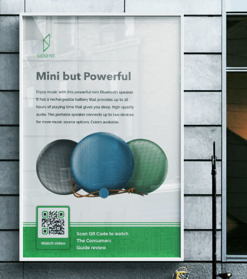 Outdoor-Werbeplakat für einen Elektroartikel mit einem QR Code, der beim Scannen eine Video-Playlist verlinkt.