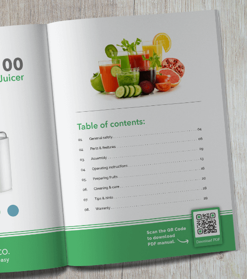Produkthandbuch mit einem QR Code, der beim Scannen eine PDF-Version des Handbuchs verlinkt.
