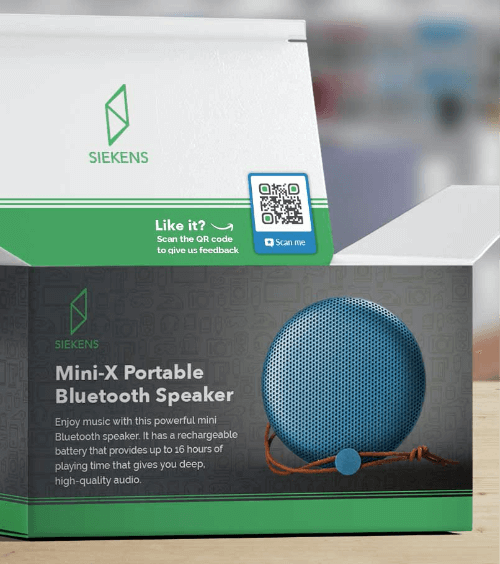 Produktverpackung mit einem QR Code, der ein Feedback-Formular für Kunden verlinkt.