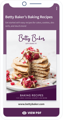Ein Handybildschirm mit lilafarbenem Hintergrund, einem Bild von einem Stapel Pfannkuchen und einem Link zu einer PDF-Datei mit Rezepten.