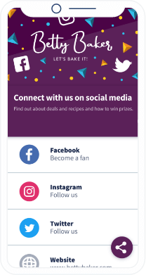 Ein Handybildschirm mit lilafarbenem Hintergrund, einem „Betty Baker“-Titel und einer Liste von Social-Media-Links.
