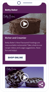 Eine lilafarbene Landingpage mit zwei Videos über Kuchen und einem Absatz mit kurzer Beschreibung der Rezepte sowie einem Button zum Online-Einkauf.