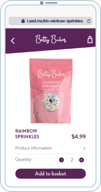 Handybildschirm in Blau und Weiß mit dem Bild einer rosafarbenen Packung Streusel, dem Preis und einem Button mit direkter Kaufoption.