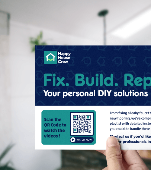 Flyer eines Gebäudedienstleisters mit einem QR Code, der eine Video-Playlist mit Anleitungen zur Selbsthilfe verlinkt.