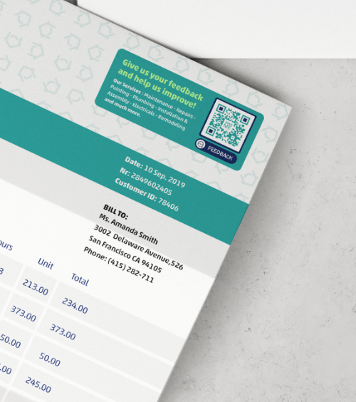 Rechnung eines Gebäudedienstleisters mit einem QR Code, der ein Feedback-Formular für Ihre Kunden verlinkt.
