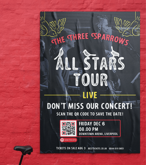 Poster der Konzertankündigung einer Band mit einem QR Code, der detaillierte Veranstaltungsinformationen verlinkt.
