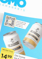 QR Code auf Supermarkt-Werbung, der zum Scannen auffordert, um Produkte von Old Goose Gin in lokalen Filialen zu finden.