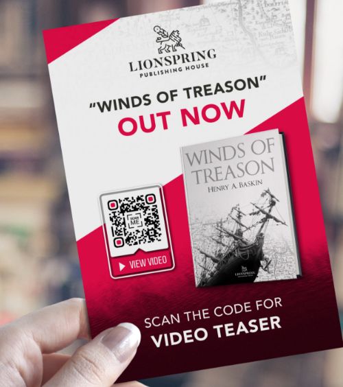 Werbeflyer für ein neues Buch mit einem QR Code, der einen Video-Trailer verlinkt.