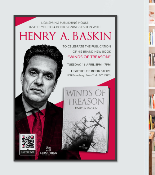 Outdoor-Werbeplakat für eine Buchvorstellung mit einem QR Code, der beim Scannen alle Veranstaltungsinformationen verlinkt.