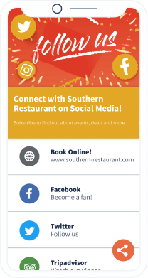 Beispiel eines Social Media-QR Codes, der Restaurant-Besucher auffordert, dem Restaurant online zu folgen