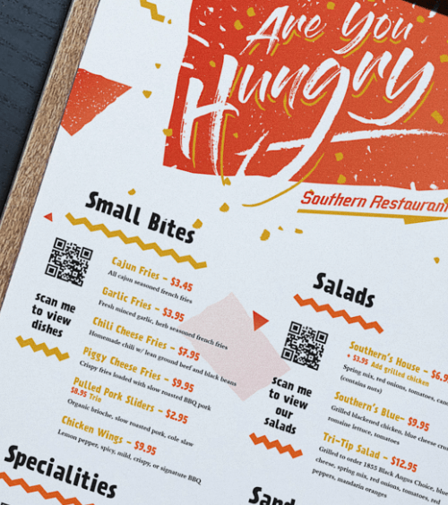 Speisekarte mit einem QR Code, der eine Bildergalerie der angebotenen Speisen verlinkt.