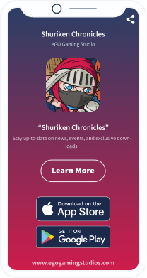 QR-Code-Landingpage einer Spiele-App mit Buttons zum Download im Apple App Store oder Google Play Store.