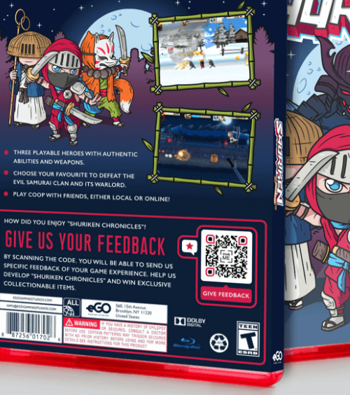Verpackung eines Videospiels mit einem QR Code, der ein Feedback-Formular verlinkt.