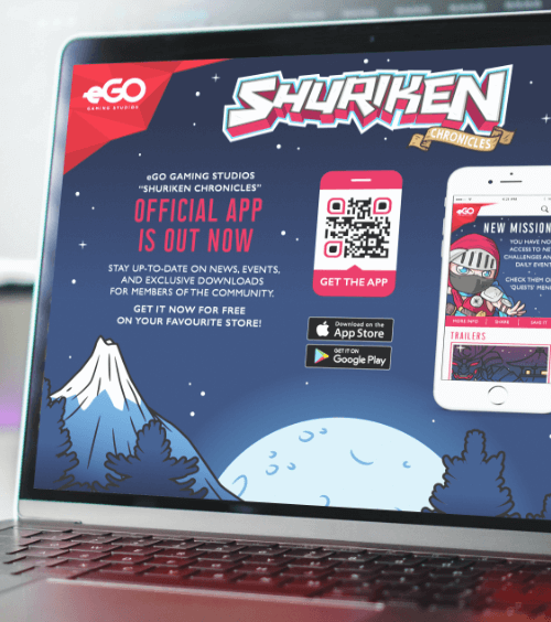 Webseite eines Spielestudios auf einem Laptop-Bildschirm mit einem QR Code, der eine Seite zum Download einer Spiele-App in verschiedenen App Stores verlinkt.