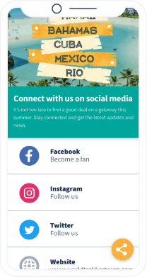 Anpassbare Landingpage von World Trekker Tours mit Buttons zum Folgen ihrer Profile bei Facebook, Instagram und Twitter sowie einer Webseiten-URL
