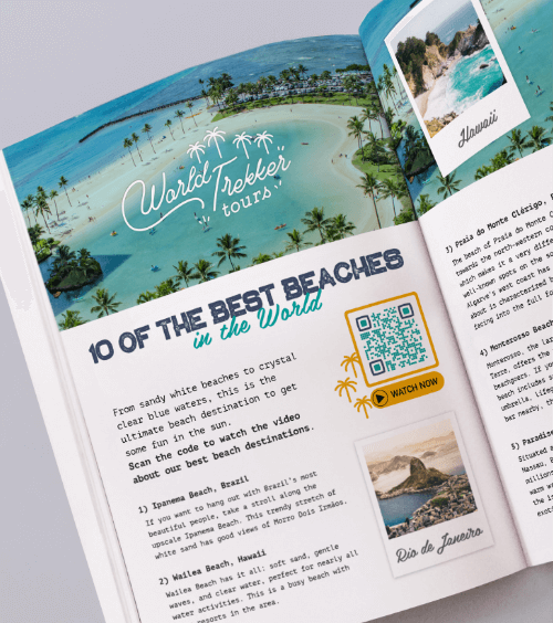 Artikel in einem Magazin mit einem QR Code, der Videos von den 10 schönsten Stränden der Welt verlinkt