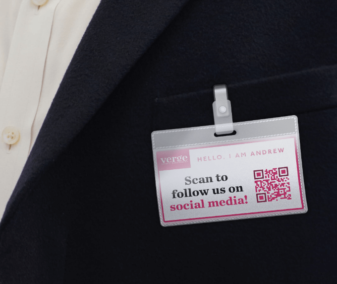 QR Code idea on an ID badge promoting social media channels.