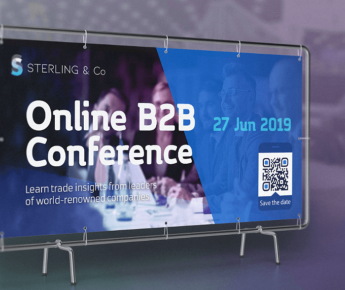 Banner einer B2B-Tagung mit einem QR Code, über den Kunden die Eventdetails in ihrem Smartphone-Kalender speichern können.