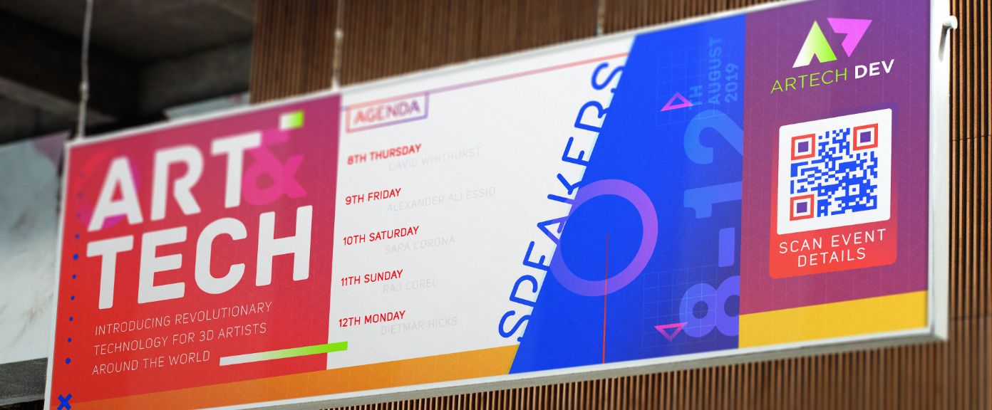 Banner einer Technik-Konferenz mit einem QR Code, über den Kunden die Eventdetails in ihrem Smartphone-Kalender speichern können.