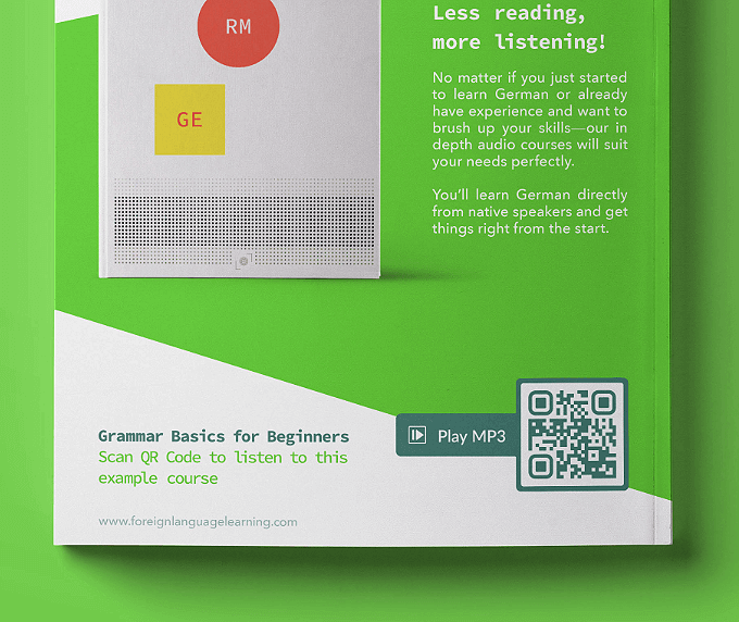 Die Rückseite eines Lehrbuchs mit einem QR Code, der einen Buch-Ausschnitt als MP3-Datei verlinkt.