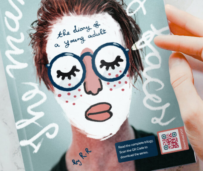 Einband einer fiktionalen Biografie mit einem QR Code, der das komplette Buch als herunterladbare PDF-Datei verlinkt.