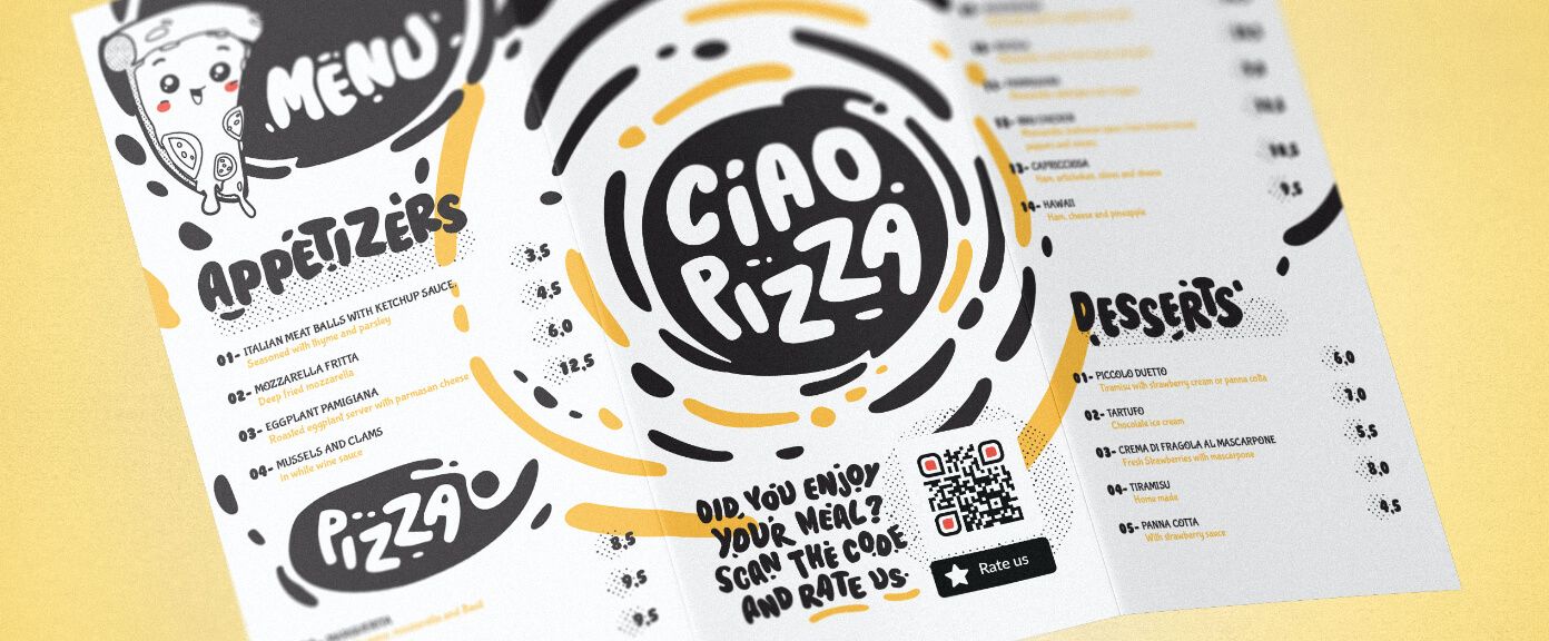 Menükarte eines Restaurants mit einem QR Code, über den Gäste die Speisen und den Service auf einer Skala von einem bis fünf Sternen bewerten können.