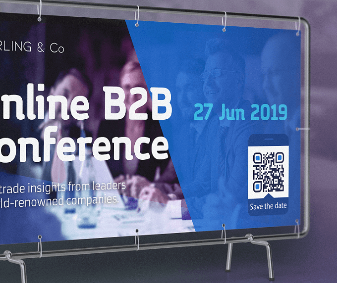 Banner einer Technik-Konferenz mit einem QR Code, über den Kunden die Eventdetails in ihrem Smartphone-Kalender speichern können.