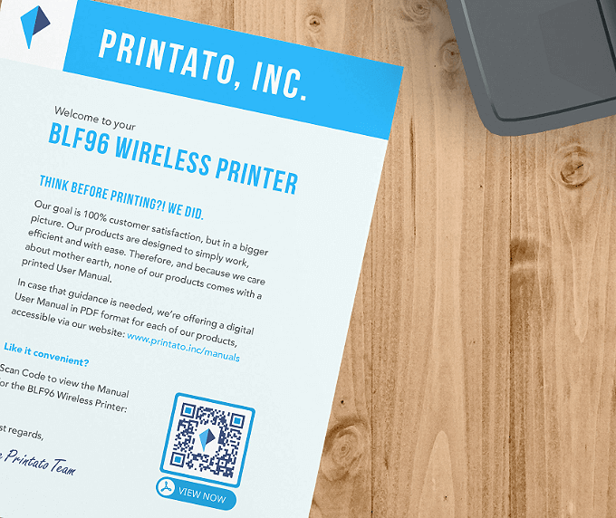 Verpackungsbeilage eines Elektronikprodukts mit einem QR Code, der das Benutzerhandbuch im PDF-Format anbietet.