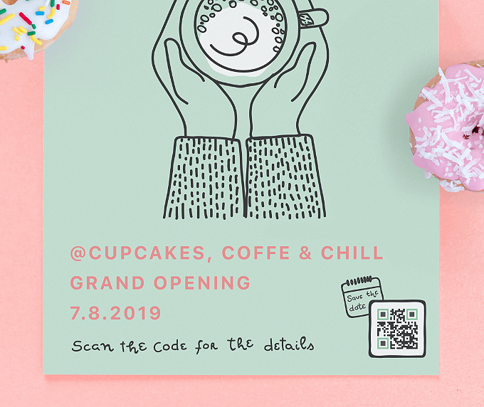 Flyer für die Neueröffnung eines Cafés mit einem QR Code, der die Eventdaten zum direkten Speichern auf einem Smartphone verlinkt.