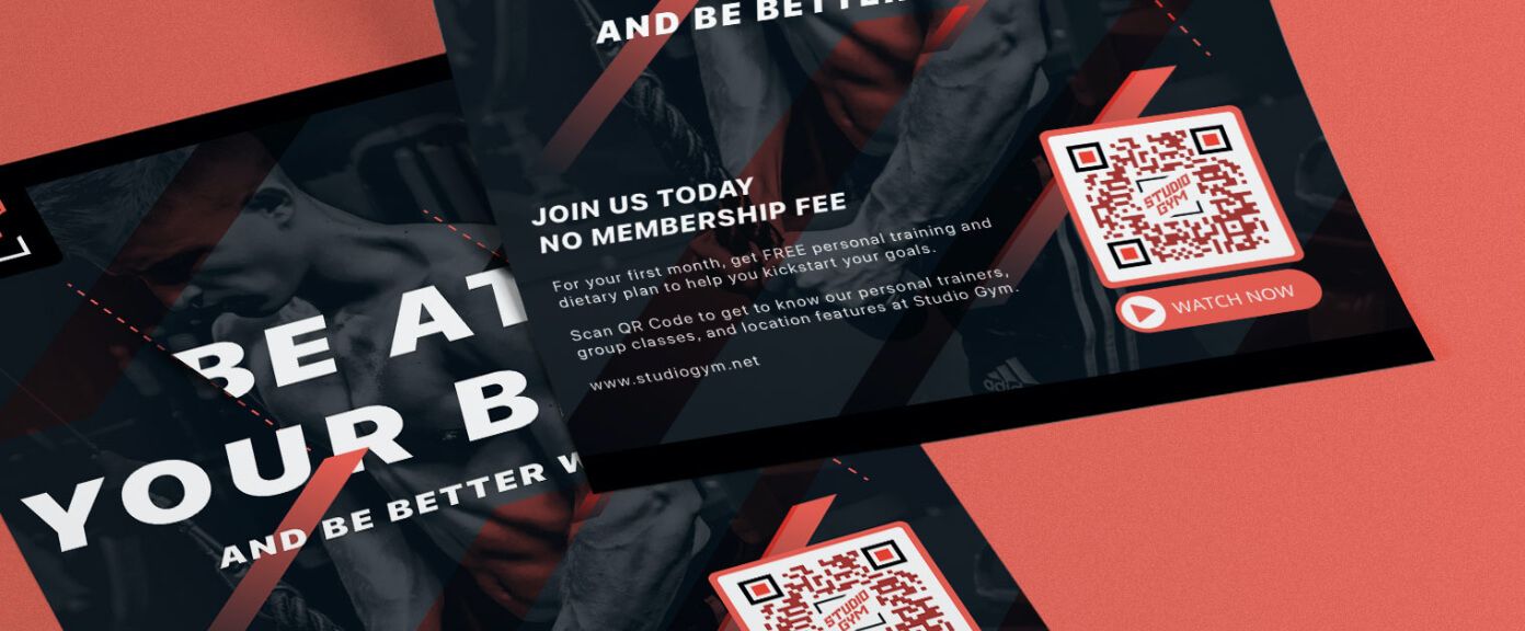 Werbeflyer eines Fitnessstudios mit einem QR Code, der eine vom Studio erstellte Video-Playlist verlinkt.