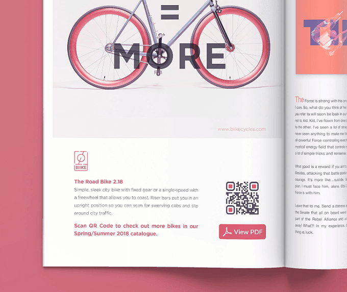 Zeitschriftenanzeige einer Fahrrad-Firma mit einem QR Code, der die aktuellen Designs in einem PDF-Katalog anzeigt.