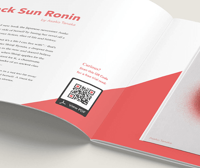 Zeitschriftenanzeige für ein neues Buch mit einem QR Code, der kostenlose Auszüge des Buchs als PDF-Datei anbietet.