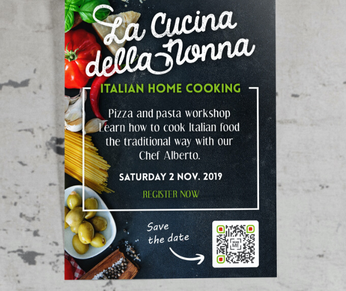 Eventplakat eines Restaurants mit einem QR Code, über den Kunden die Eventdetails in ihrem Smartphone-Kalender speichern können.