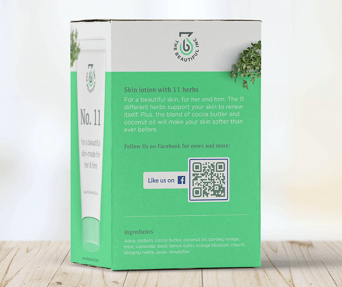 Verpackung eines Pflegeprodukts mit einem QR Code, der für mehr Likes und Follower das entsprechende Facebook-Profil verlinkt.