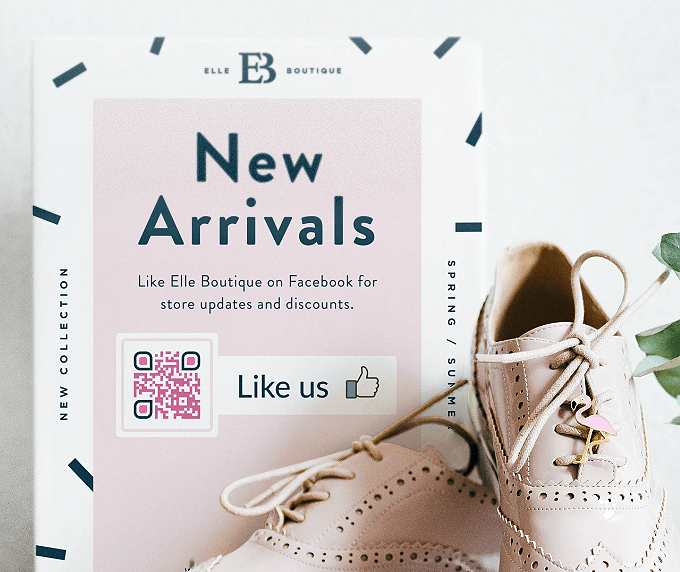 Tischaufsteller einer Boutique mit einem QR Code, der für mehr Follower und Likes die entsprechende Facebook-Seite verlinkt.