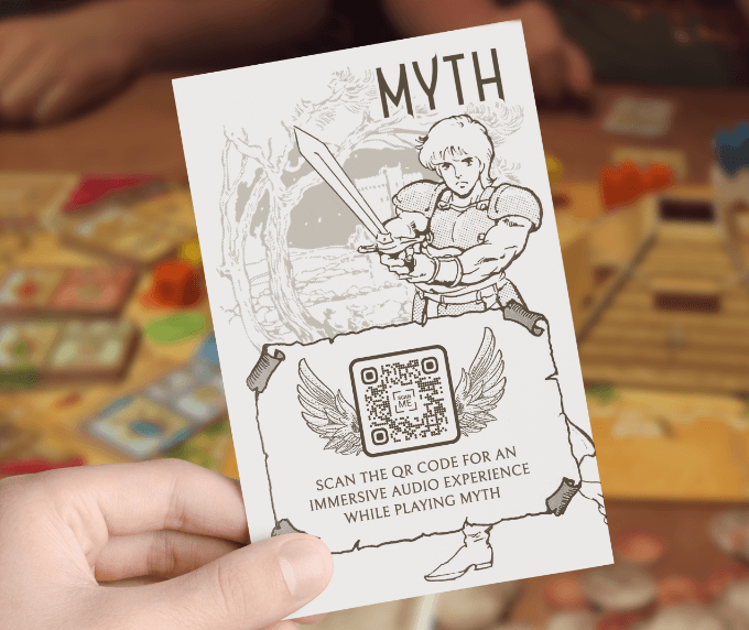 QR-Code-Idee auf einem Gesellschaftsspiel zum Anbieten eines umfassenden digitalen Audioerlebnisses