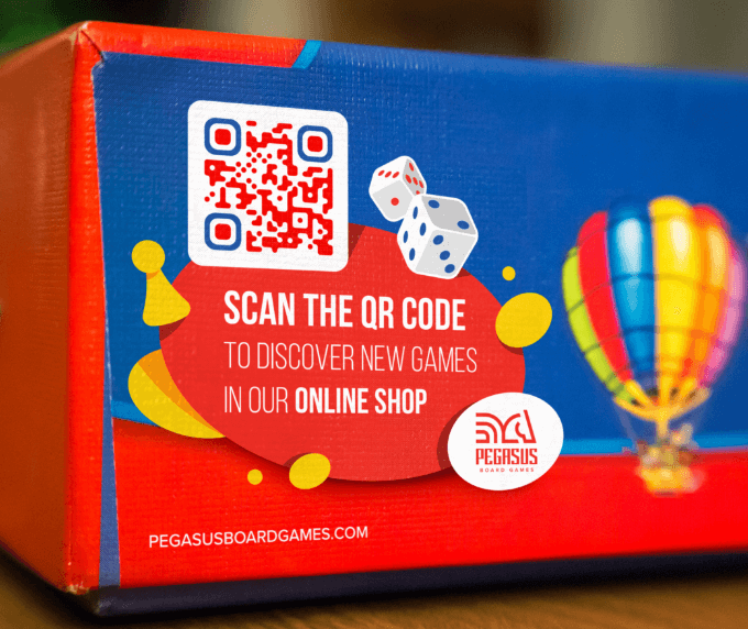 QR-Code-Idee auf einem Gesellschaftsspiel, die einen Online-Shop verlinkt
