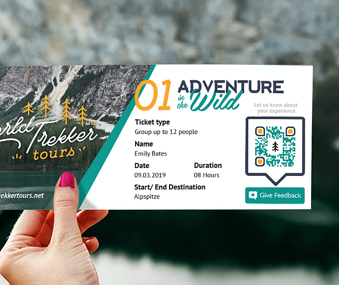 Teilnahmekarte eines Reiseveranstalters mit einem QR Code, über den Kunden per Scan detailliert Feedback geben können.